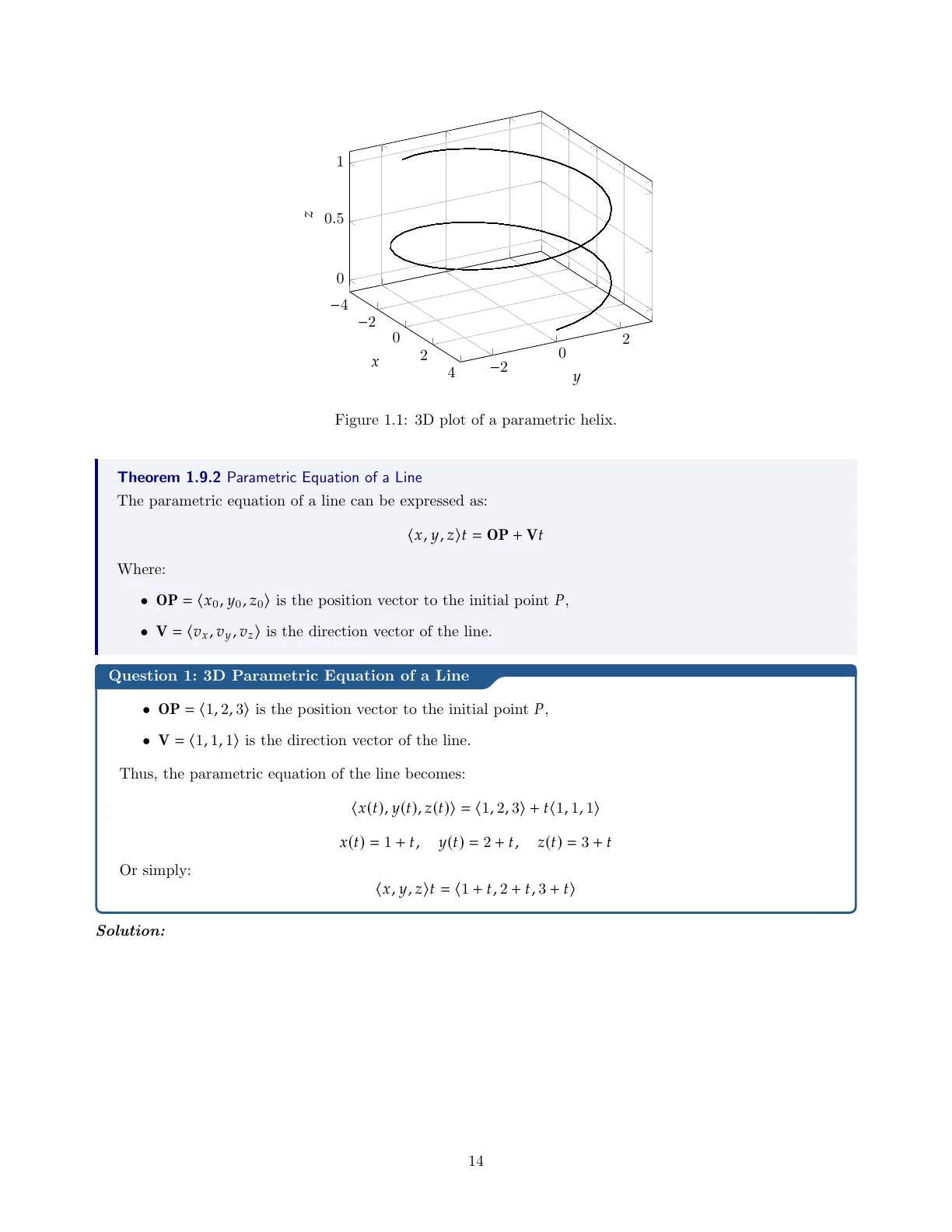 Full portrait page 15 from the supplied PDF, with a three-dimensional parametric helix, a theorem box, and a worked question box.