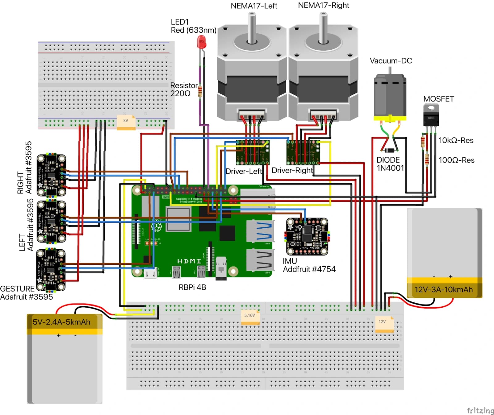 Deskinator electrical wiring diagram showing the Raspberry Pi, separate sensor connections, A4988 stepper drivers, motors, and vacuum system.