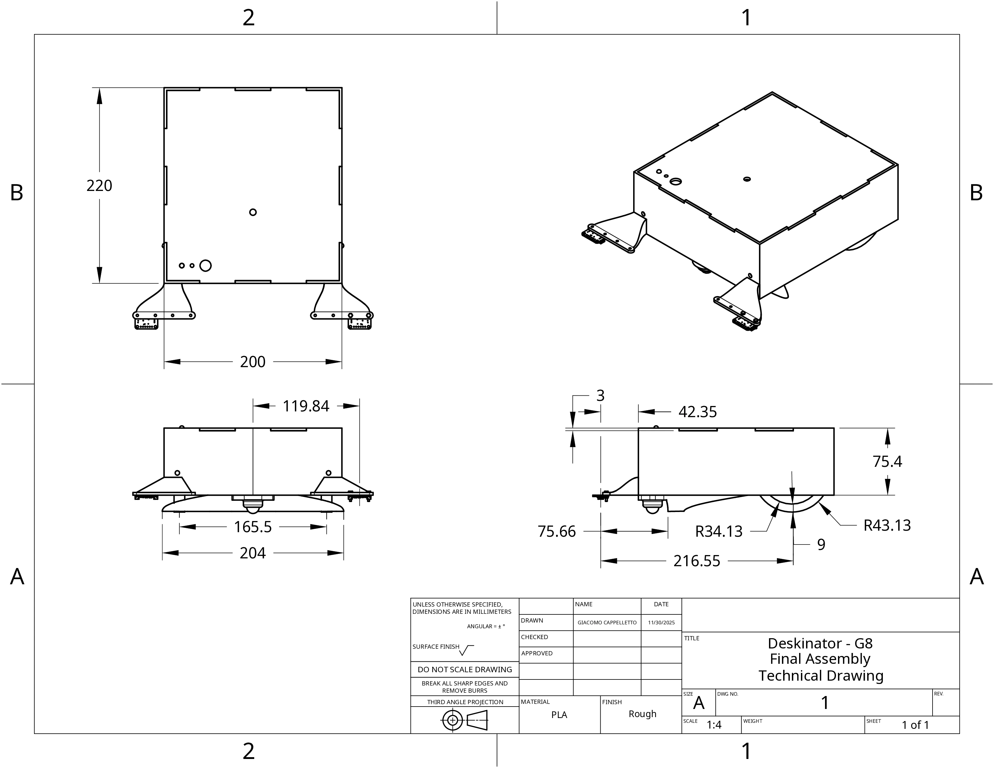 Dimensioned final assembly drawing of the Deskinator tabletop robot.